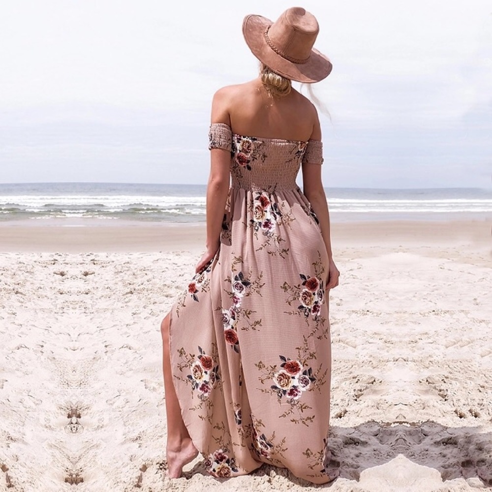 5 🌟 NEW Tan Off Shoulder Floral Boho Maxi Dress - Picture 3 of 6